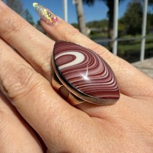 DRT Sterling Silver 925 Banded Agate Marquise Statement Ring Size 6.25 Burgundy